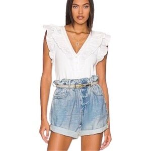 Veronica Beard White Ruffle V-Neck Blouse